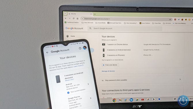 Android phone and Chromebook showing Google Account manager.