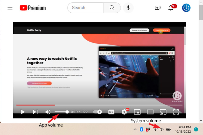 Screenshot of YouTube with the app volume pointed out and the system volume pointed out in the task bar below.