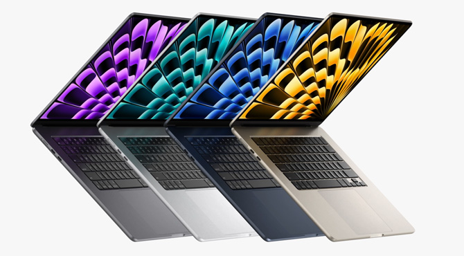 Apple 15-inch Macbook -- from the left in space gray, silver, midnight, and starlight.