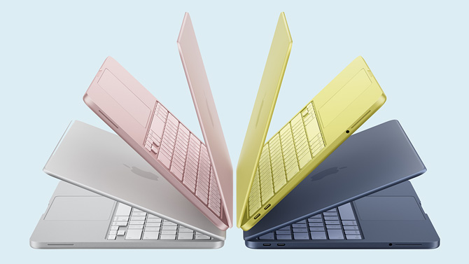 Apple MacBook Neo colors from the left: Silver, Blush, Cirtus, and Indigo.