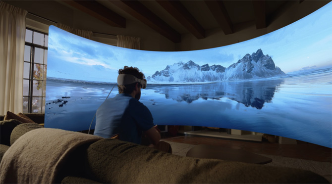 Man on sofa viewing panorama photo that's wrapping around his field of view