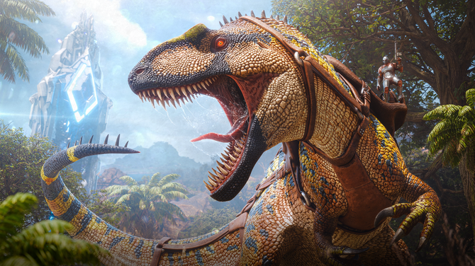 Ark Survivial Ascended game shot showing man riding T-rex and acrocanthosaurus
