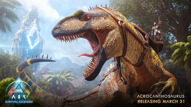 Ark Survivial Ascended game shot showing man riding T-rex and acrocanthosaurus releasing March 31