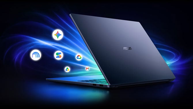 ASUS laptop with Google Gemini and other Google services icons