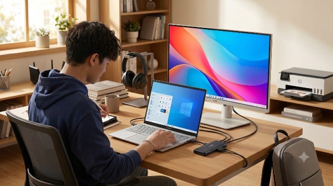 A student sitting at a desk fully equipped with a laptop, large monitor, tablet, and other back-to-school tech gear.