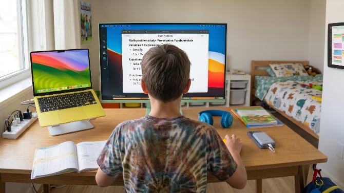 kid doing homework at a desk with laptop, monitor and headphones on desk
