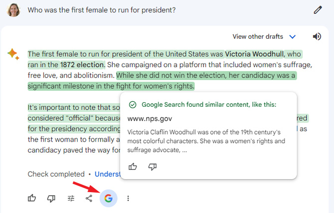 Screenshot of Google Bard showing a response that has been fact-checked using Double Check. The G button is pointed out.
