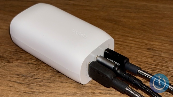 Photo of the 67-watt Belkin 3-Port USB C Charger Block with three black USB-C cables attached