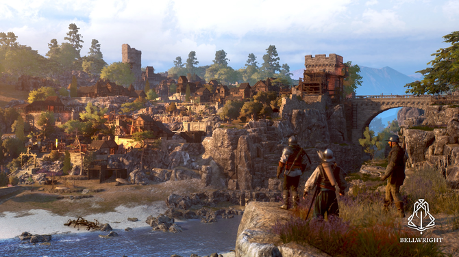 Bellwright gameshot showing medieval soldiers standing in a river valley