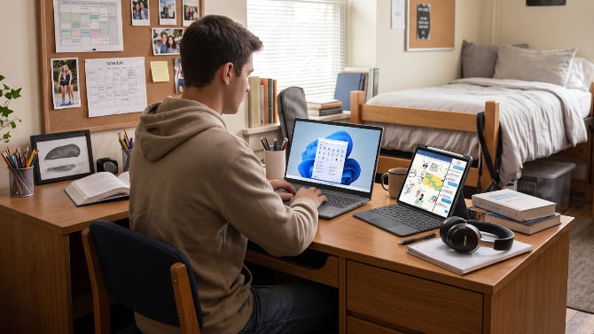 A college student working on a laptop at a dorm room desk with an iPad and headphones