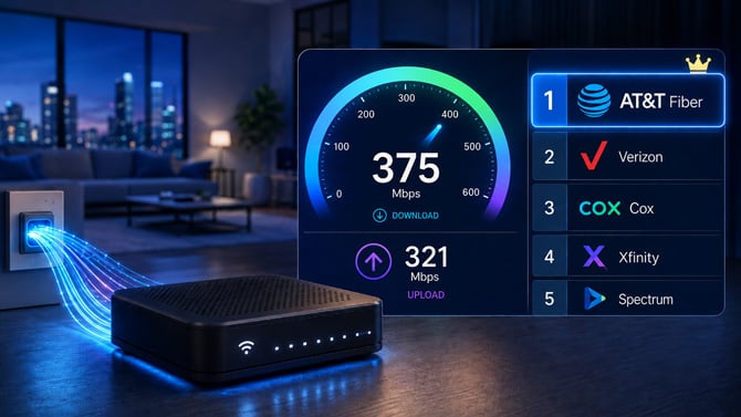 Concept image shows a modem with an internet speedometer and a list of the service providers, with AT&T Fiber at the top. 
