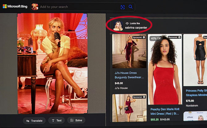 Screenshot of Bing Visual Search using an image of Sabrina Carpenter. The idetification of Sabrina Carpenter is circled in red.