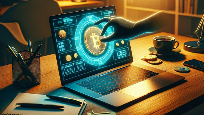 Concept of laptop showing Bitcoin being stolen