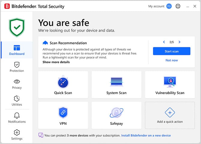Screenshot of Bitdefender Total Security dashboard