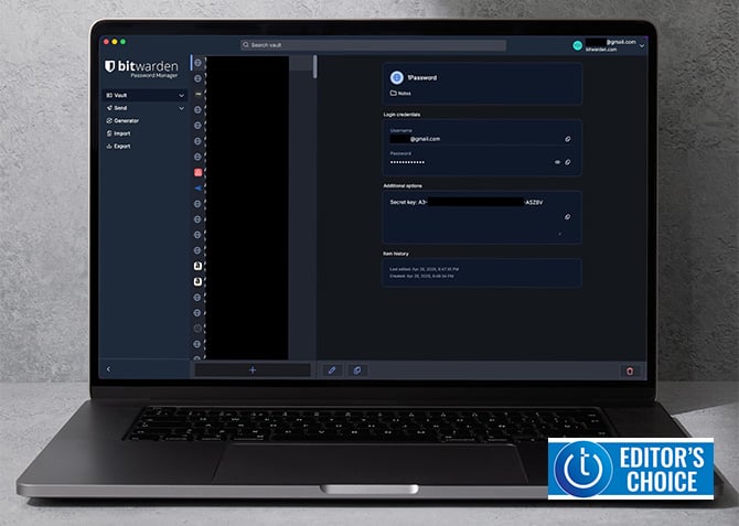 Screenshot of Bitwarden Password Manager on a MacBook with Techlicious Editor's Choice award logo