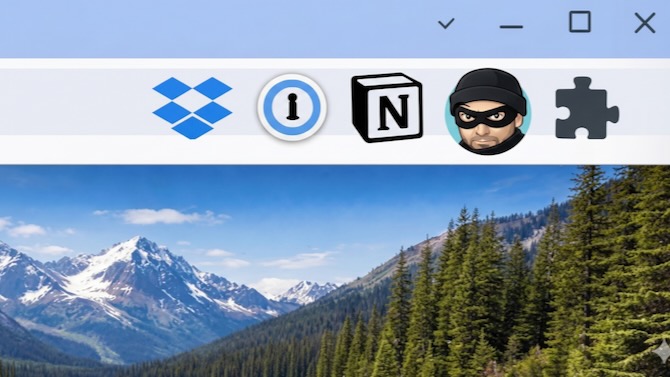 illustration of a close-up of a chrome browser window, showing several popular extensions such as Dropbox and 1Password and Notion, then slightly larger, an icon of a thief wearing a mask.
