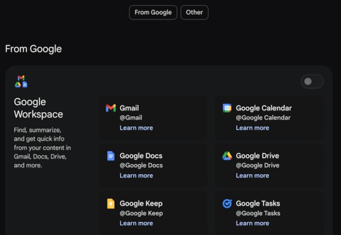 Screenshot of Gemini Apps page showing apps you can connect.