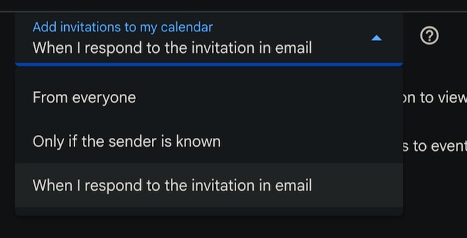 Screenshot showing the dropdown menu of choices for adding a calendar invitation.