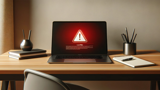Concept of laptop showing a caution screen.