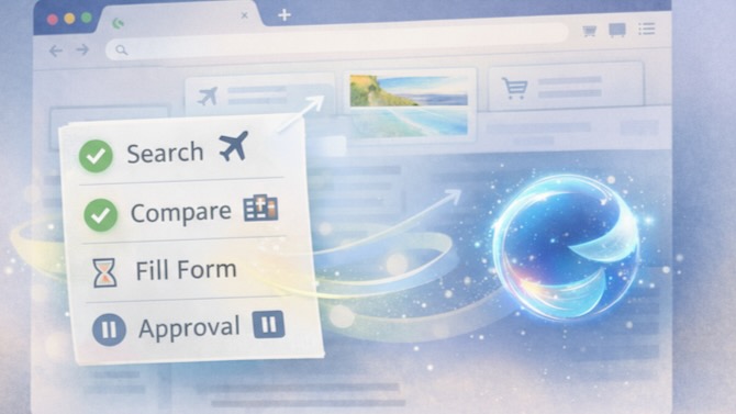 An illustration showing a browser window and a checklist of actions floating in front of it