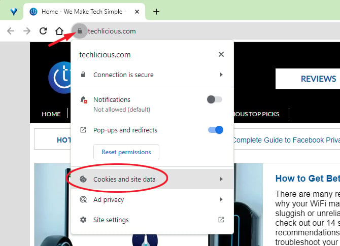 Screenshot of the Techlicious website using Chrome. The lock icon in the URL bar is pointed out and the option to access Cookies and site data is circled in red.