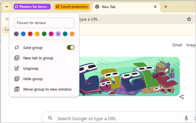 Screenshot of Google Chrome showing the creation of a Tab Group, selecting a color and name for the group. 