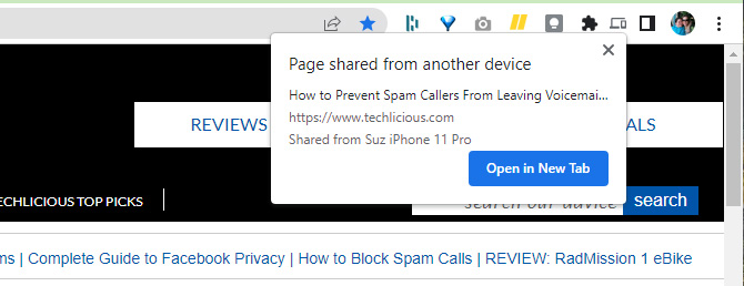 Screenshot of Techlicious home page with popup with the text: Page shared form another device. Below is the title of the article, the URL and the device that sent the link.