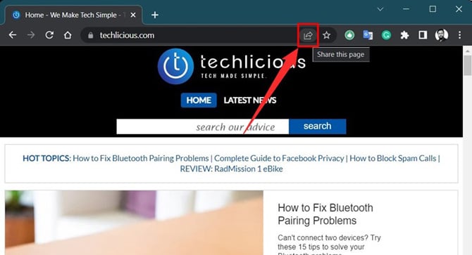 Screenshot of Techliciious home page with the share button pointed out.