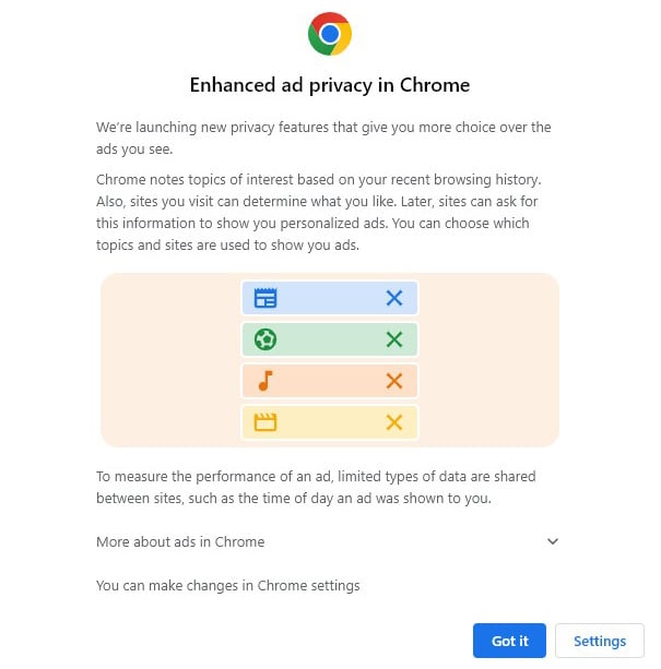 Chrome pop-up showing the option to set up Enhanced Ad Privacy tool.