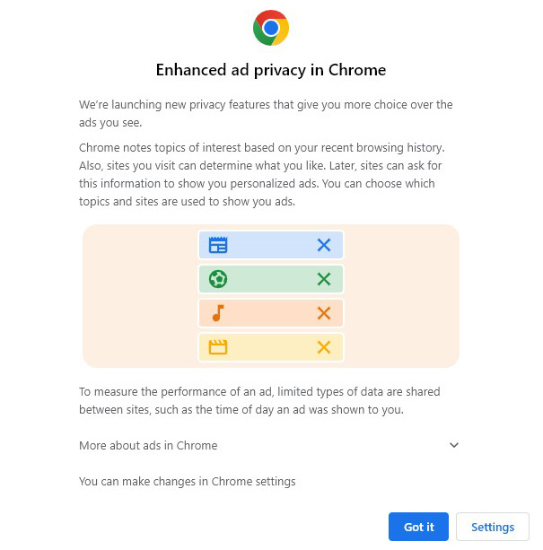 Chrome pop-up showing the option to set up Enhanced Ad Privacy tool.