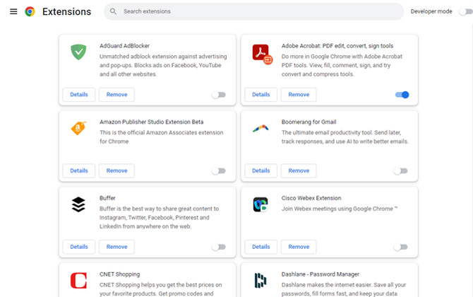Screenshot of the Chrome browser Extensions page showing eight extensions. Each extension has a description, buttons for Details and Remove, and a toggle you can click on to turn the extension on or off. 