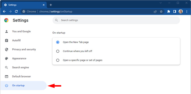 Screenshot of Chrome Settings with the On Startup section highlighted on the left and the On startup options: Open the New Tab page, Continue where you left off, and Open a specific page or pages