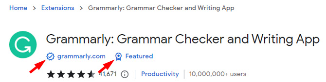 Screenshot of the Grammarly listing in the Google Chrome store. You can see a badge that is a check mark with a circle around it next to the developer name, grammarly.com. You also see a ribbon badge next to the word Featured.