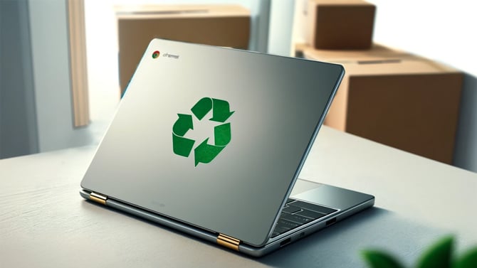 Computer recycling concept with a chrombook that has a recycling symbol on the back