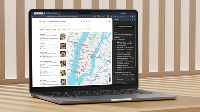 A screenshot of the Claude browser extension showing results for a search for restaurants near 100 Center St. in NYC.