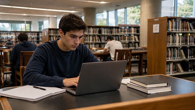 Concept image of a student working on a laptop in a library