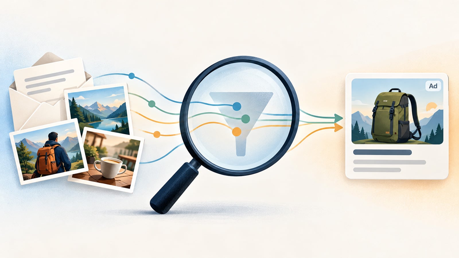 Illustration of email and photo content flowing through a magnifying glass and filter into an advertisement for a hiking backpack.