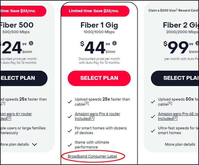 Screenshot of internet plans showing a link to the Broadband Consumer Label circled.