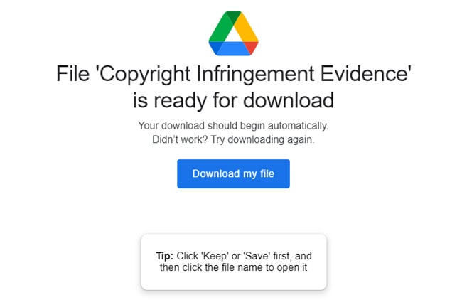 Scam page showing File 'Copyright Infringement Evidence' is ready for downloadYour download should begin automatically. Didn’t work? Try downloading again. Download my file