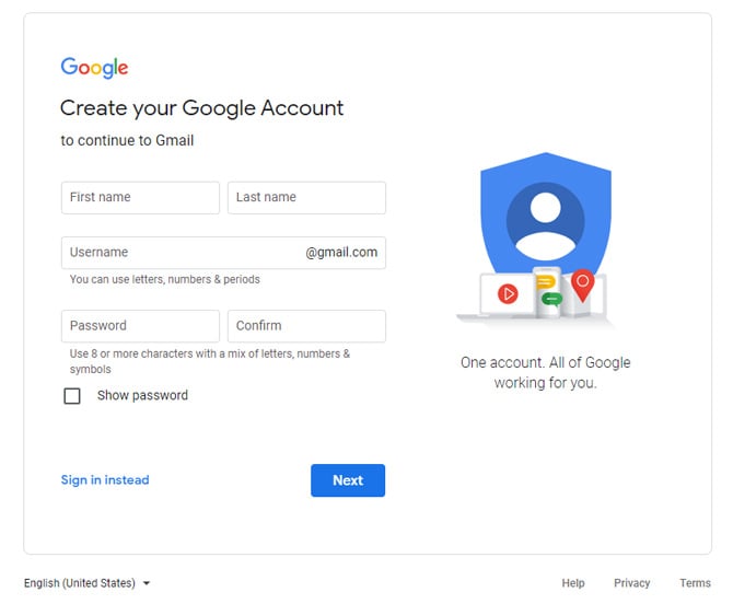 Create Gmail account