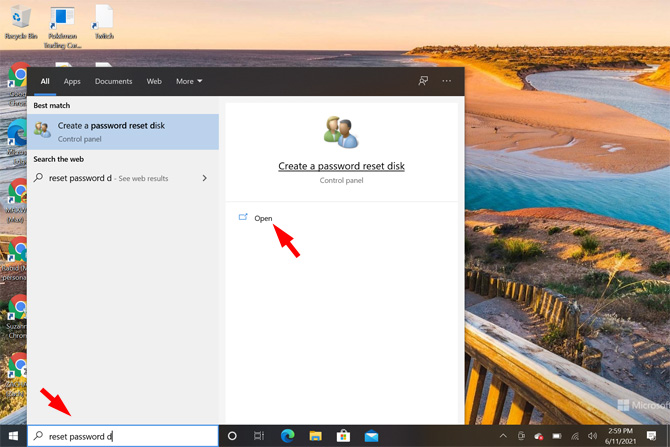 Screenshot of Windows 10 search box showing the search results for reset password disk and indicating where to click on the word Open.