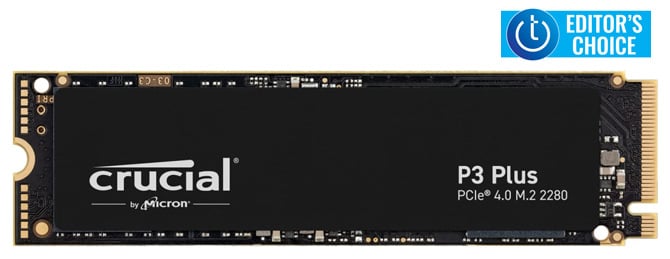 Crucial P3 Plus PCIe Gen4 NVMe M.2 SSD on white background with Techlicious Editors Choice logo