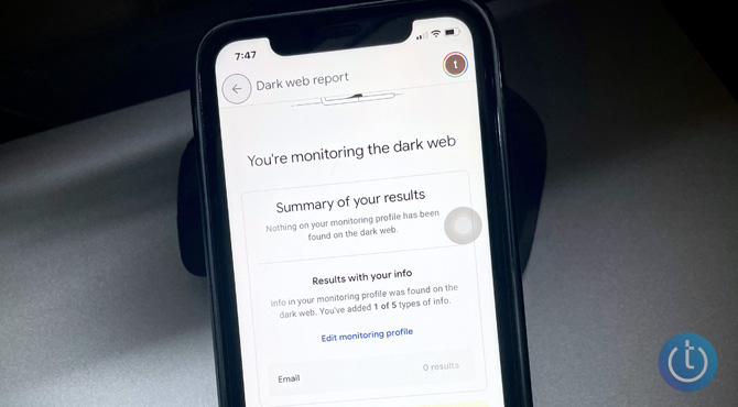 Google Dark Web Monitoring tool shown on a phone.