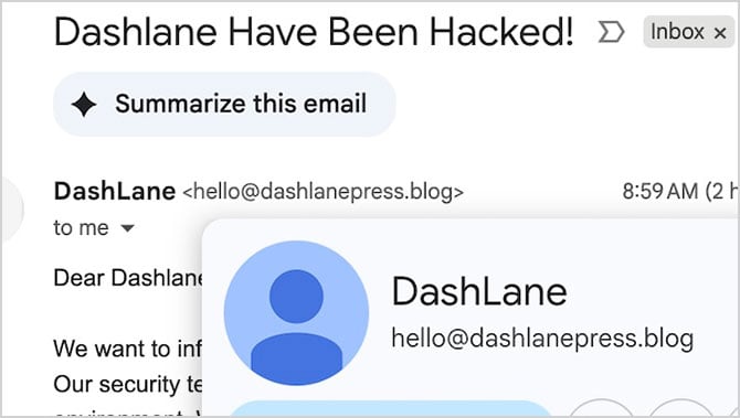Screenshot of Dashlane Fake email showing the subject line: Dashlane Have Been Hacked.