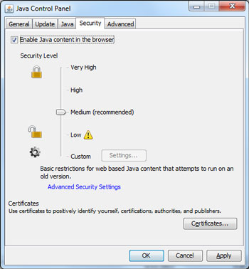 Disable Java from the control panel