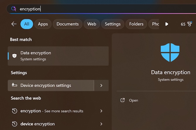 Screenshot showing searching for encryption