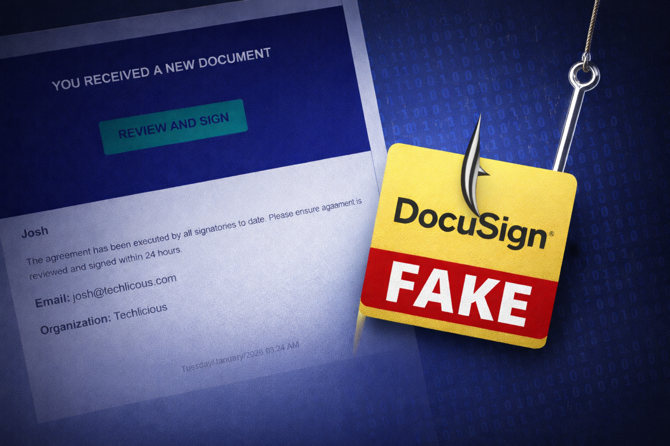 Conceptual graphic with fake email and DocuSign Fake fish hook
