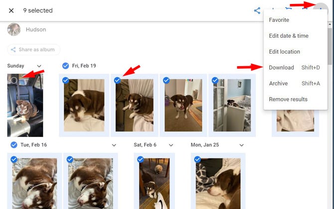 Selecting images to download on Google Photos