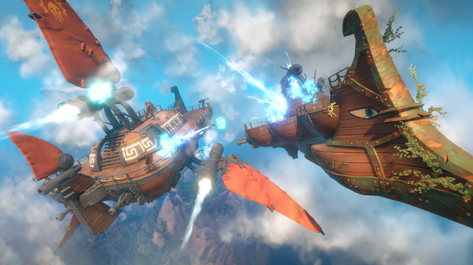 Echoes of Elysium gameshot showing a floating airship firing a laser cannon at another airship