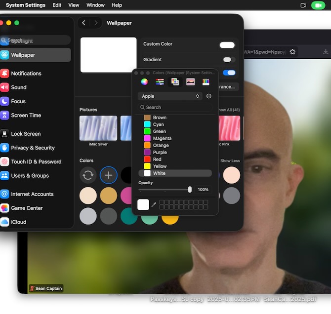 setting a white wallpaper in macOS to provide an edge light effect for illuminating video calls